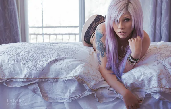 Модель, тату, на кровати, tattoo, Suicide Girls, Ecco Starling, пурпурные волосы