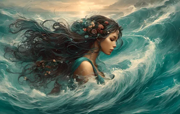 Море, волны, взгляд, вода, девушка, шторм, рисунок, русалка