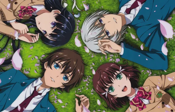 Радость, лепестки, друзья, школьники, kakumeiki valvrave, l-elf karlstein, haruto tokishima, saki rukino
