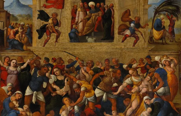 Масло, картина, мифология, 1530, Людовико Маццолино, Убиение младенцев в Вифлееме, Ludovico Mazzolino