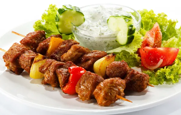 Мясо, овощи, помидоры, шашлык, салат