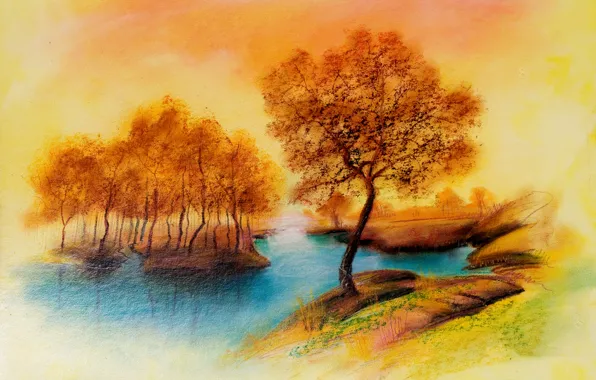 Картинка осень, деревья, пейзаж, река, рисунок, покой