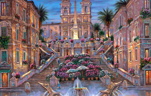 Картинка цветы, пальмы, вечер, Рим, Италия, фонтан, лестницы, сумерки