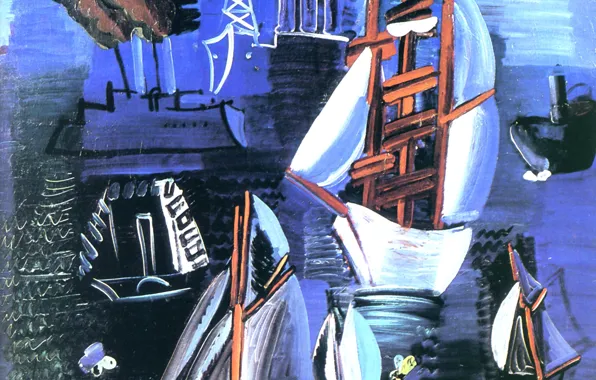 New York, 1926, Huile sur Toile, Raoul Dufy, Bateaux au Havre, Perls Galleries, Boats in …