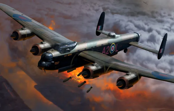 Картинка Живопись, Бомбы, Вторая Мировая война, WW2, Британский, Royal Air Force, Avro 683 Lancaster, тяжёлый бомбардировщик