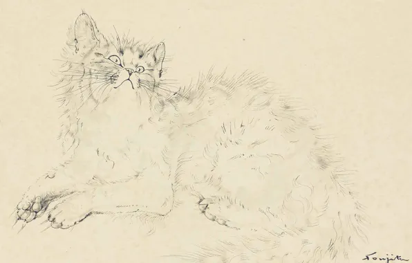 Кошка, 1951, на бумаге, Tsuguharu Foujita, акварель и тушь, удивлёная