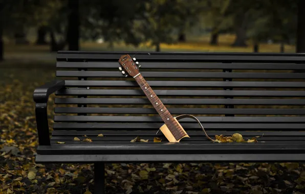 Картинка осень, парк, гитара, скамья