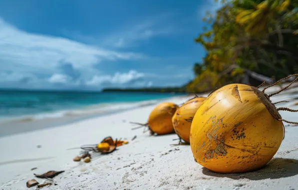 Картинка песок, море, пляж, лето, кокос, summer, beach, sea