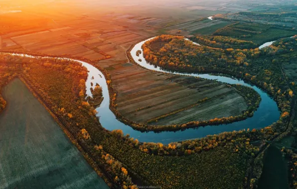 Картинка осень, река, восход солнца, дрон, Молдова, Прут