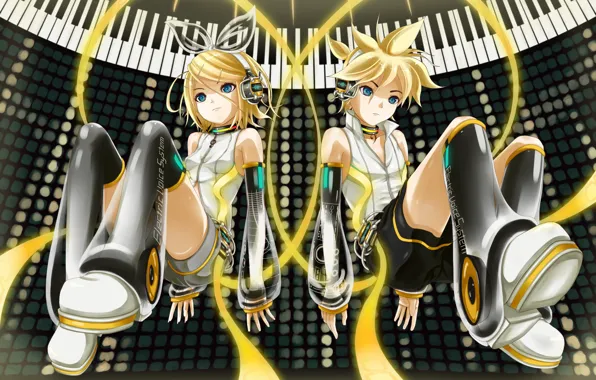 Ленты, клавиши, двое, Vocaloid, Вокалоид, Кагомине Лен, Кагомине Рин