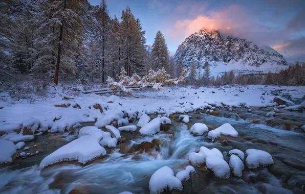 Картинка зима, лес, небо, снег, пейзаж, горы, река, камни