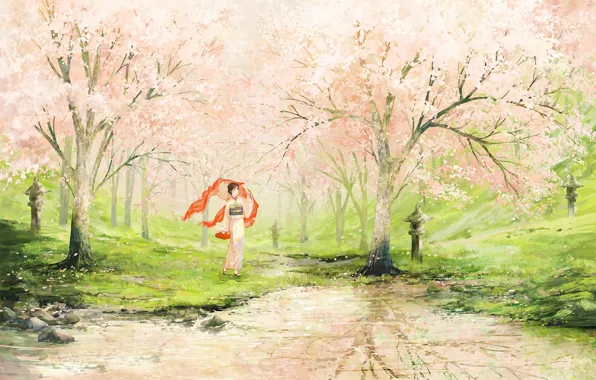 Картинка девушка, озеро, весна, сад, арт, яблони, нарисованный пейзаж