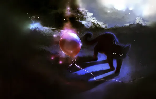 Картинка кошка, кот, красный, воздушный шар, котенок, шарик, red, black