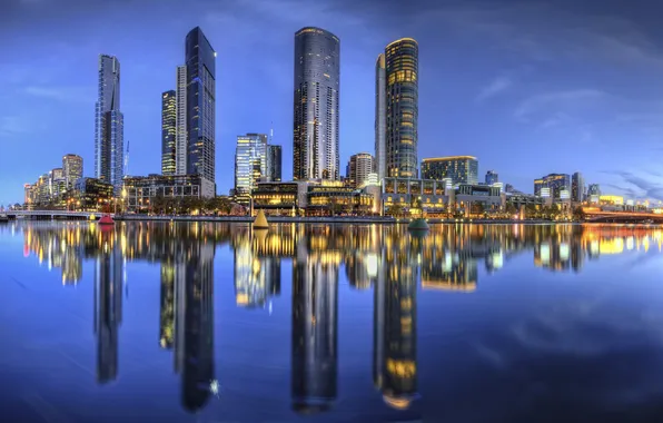 Картинка отражение, река, здания, Австралия, ночной город, небоскрёбы, Melbourne, Yarra River