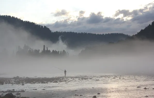 Картинка туман, река, рыбалка