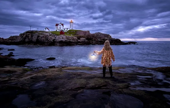 Море, маяк, ситуация, девочка, фонарь, Maine, Nubble Lighthouse, Cape Neddick Lighthouse