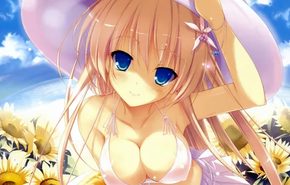 Girl, sexy, cleavage, erect nipples, long hair, boobs, anime, blue eyes