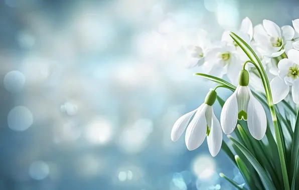 Цветы, букет, текстура, весна, подснежники, белые, голубой фон, боке