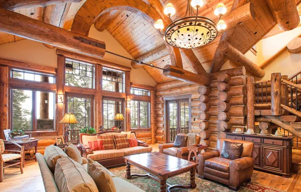 Interior, log home, great room