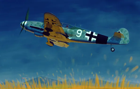 Картинка war, art, airplane, painting, aviation, ww2, Messerschmitt Bf 109G-10