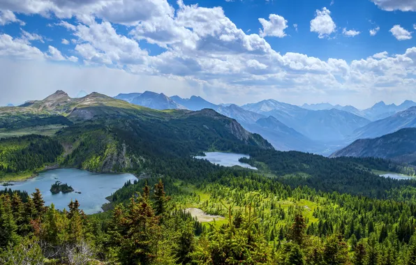 Картинка Alberta, sky, trees, landscape, nature, mountains, clouds, lake