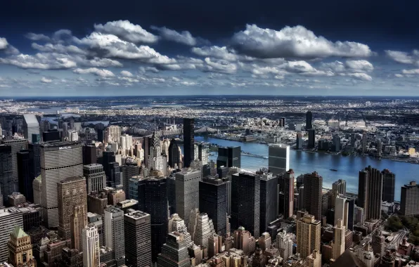Облака, здание, Нью-Йорк, небоскребы, горизонт, мегаполис, New York