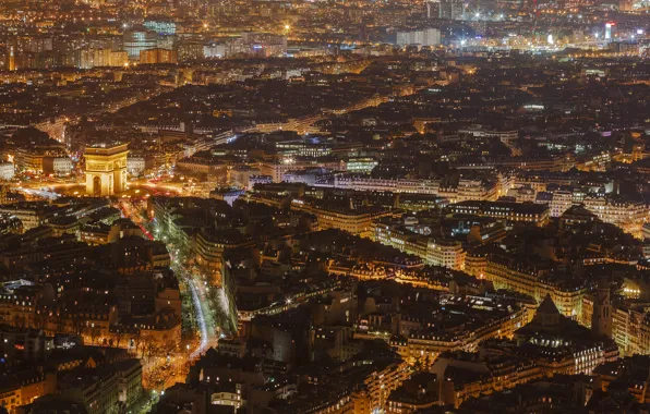 Ночь, огни, Франция, Париж, дома, панорама, триумфальная арка