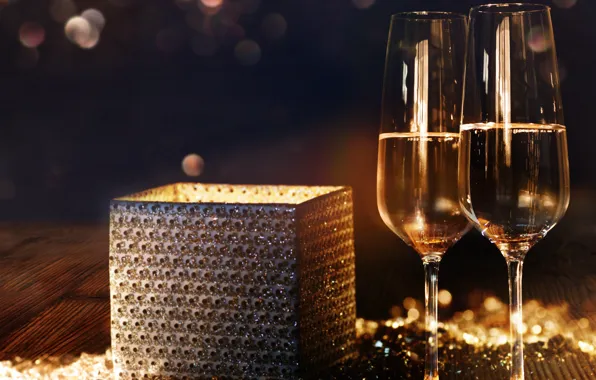Украшения, ночь, подарок, Новый Год, бокалы, шампанское, 2018, New Year