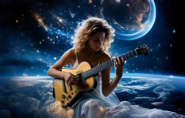 Девушка, космос, звезды, музыка, фантастика, земля, вселенная, гитара