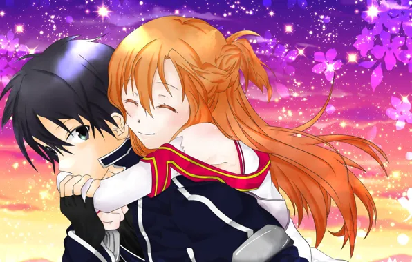 Закат, аниме, арт, Мастера меча онлайн, Sword Art Online, Асуна, Кирито