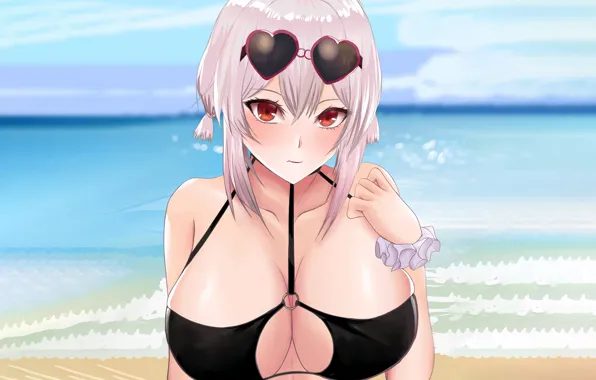 Girl, sexy, cleavage, beach, pink hair, sea, boobs, anime
