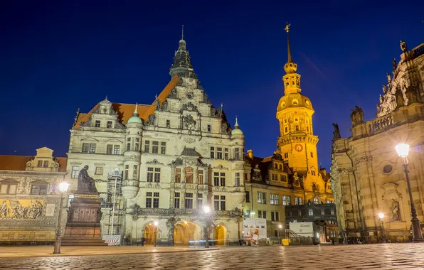 Картинка ночь, огни, Германия, Дрезден, площадь, памятник