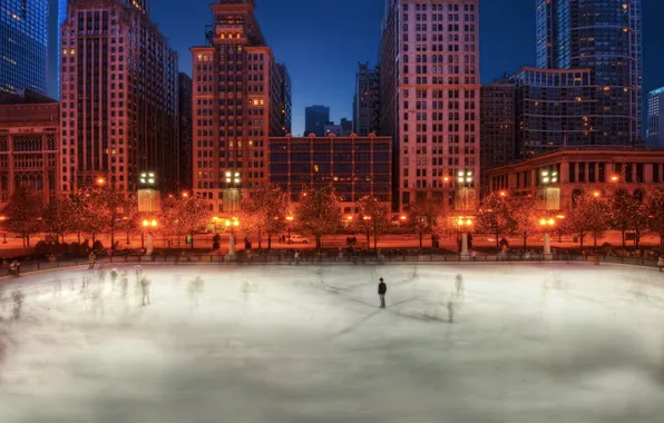 Картинка зима, город, вечер, Чикаго, каток, США, Chicago, illinois