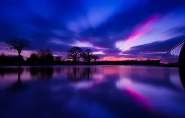 Картинка деревья, закат, отражение, река, Англия, вечер, деревня, Великобритания