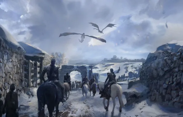 Картинка fantasy, winter, snow, horses, Game of Thrones, Winterfell, artwork, fantasy art