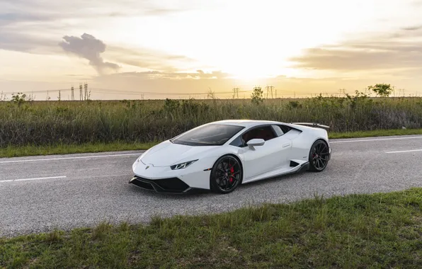 Картинка Lamborghini, Grass, Green, Sunset, White, VAG, Huracan