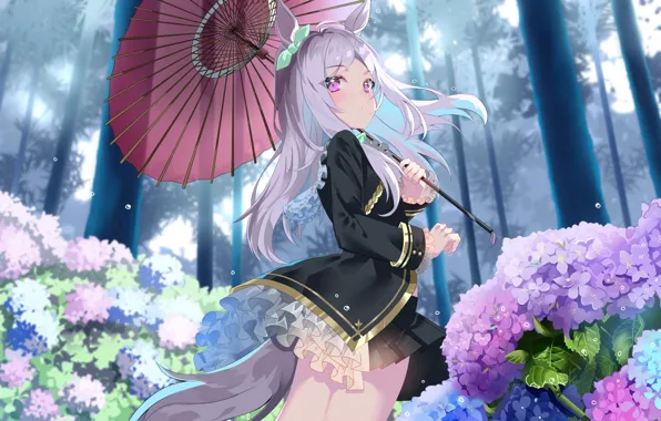 Девушка, деревья, зонт, гортензия, Mejiro McQueen, by Sho, Uma Musume: Pretty Derby