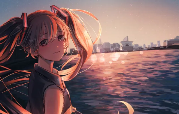 Небо, вода, девушка, город, Hatsune Miku, Vocaloid