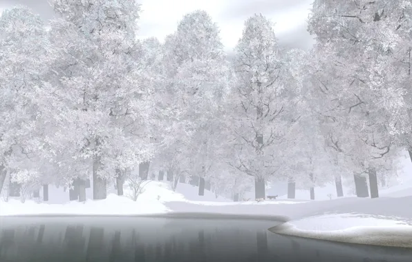 Картинка зима, лес, снег, деревья, озеро, волки