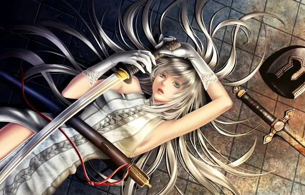 Картинка девушка, волосы, меч, катана, арт, перчатки, шлем, на полу