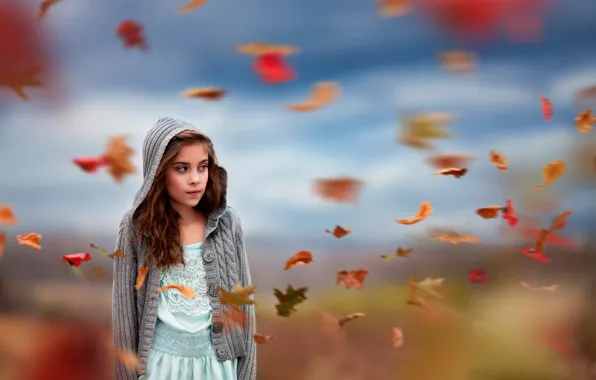 Картинка осень, листья, ветер, девочка, Flurry