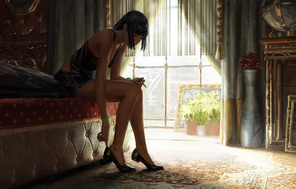 Girl, black, anime, art, hair, room, shoes, dressing