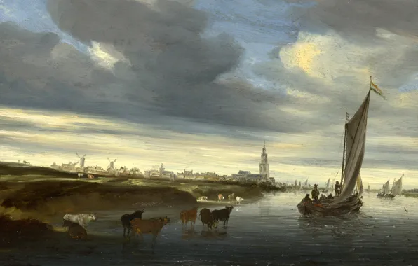 Картинка небо, облака, пейзаж, лодка, башня, картина, коровы, мельница