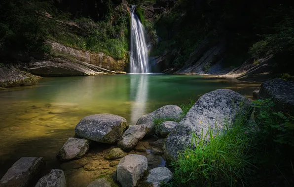 Картинка лес, природа, река, камни, водопад