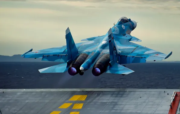 Картинка авианосец, взлёт, ОКБ Сухого, Су-33, ВМФ России, Flanker-D, российский палубный истребитель четвёртого поколения