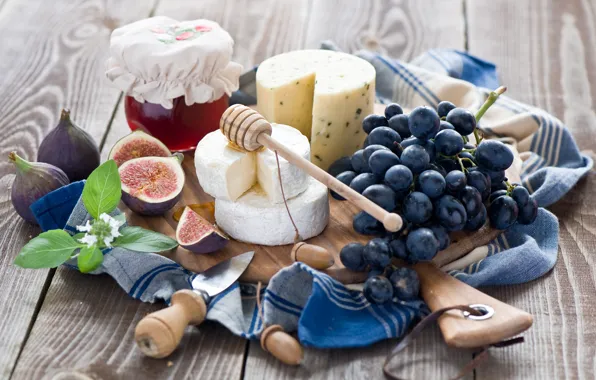 Картинка сыр, виноград, натюрморт, мёд, инжир