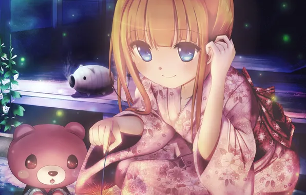 Картинка девушка, цветы, улыбка, дом, аниме, медведь, арт, кимоно