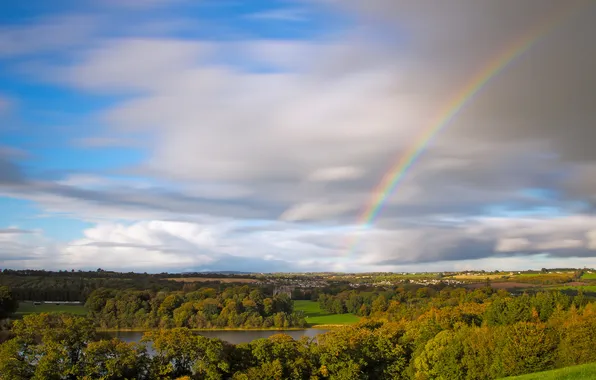 Картинка осень, небо, облака, деревья, радуга, Ирландия