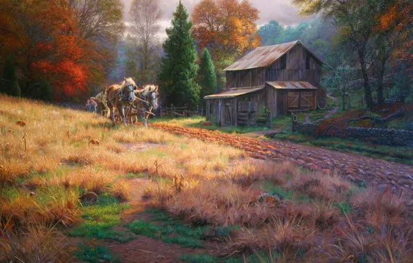 Поле, осень, дети, кони, деревня, сарай, живопись, The Legacy