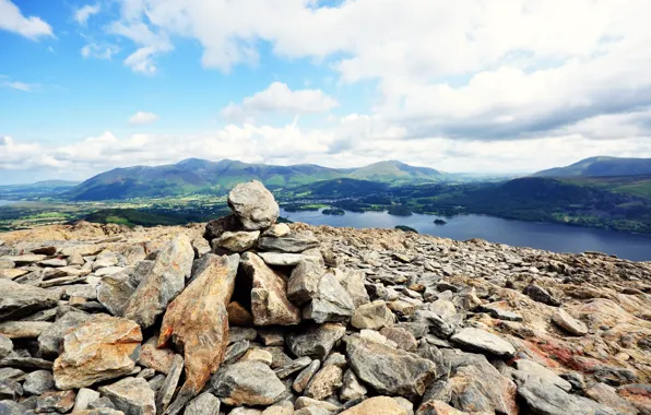 Картинка небо, облака, пейзаж, горы, озеро, камни